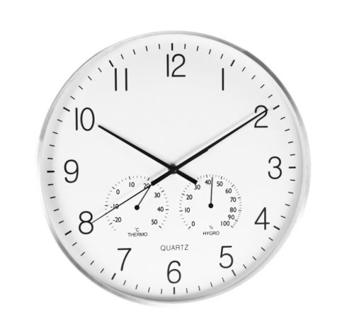 SEGNALE KO-837362290 Nástenné hodiny s teplomerom a vlhkomerom 38 cm strieborný rám