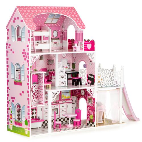 ECOTOYS TL49059 Drevený domček pre bábiky s xxl výťahom a šmykľavkou