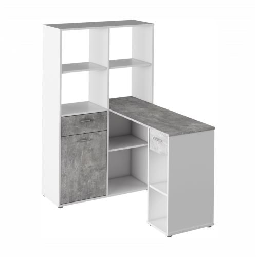 Kondela 255563 Rohový PC stôl s regálom biela, šedá MINESON drevotrieska 90 x 124 x 145 cm