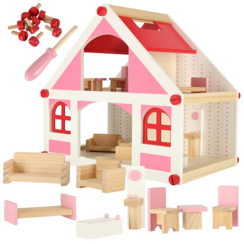 KIK Drevený domček pre bábiky bielo - ružový + nábytok 36 cm KX4351
