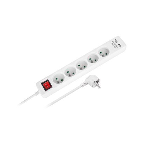 Rebel napájací predlžovací kábel 5 zásuviek + 2 USB zásuvky s vypínačom -1,5m biely URZ3203-1,5