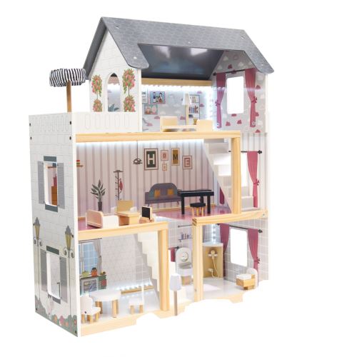KIK MDF drevený domček pre bábiky + nábytok 78 cm čierný LED KX6201