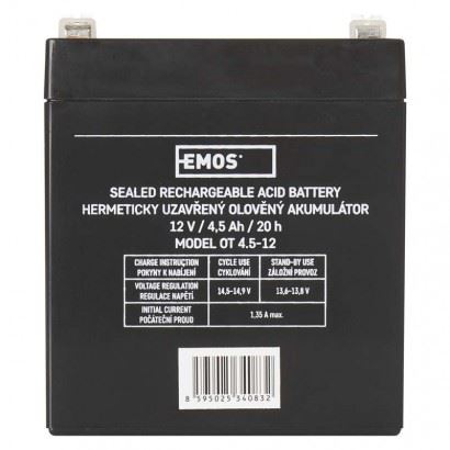 Emos B9653 Bezúdržbový olovený akumulátor 12 V/4,5 Ah, fastón 4,7 mm, čierny 1201000700