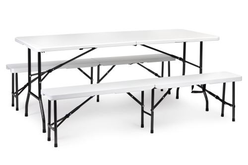 MODERNHOME NZK-180S+2PCS BK-18 Cateringový skladací prenosný stôl 180 cm s 2 lavicami biely