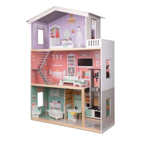 KIK Drevený domček pre bábiky + nábytok pastel KX5219